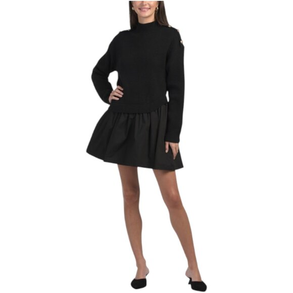 ZOE & CLAIRE Long Sleeve Mixed Media Mini Dress With Button Detail - Picture 1 of 2